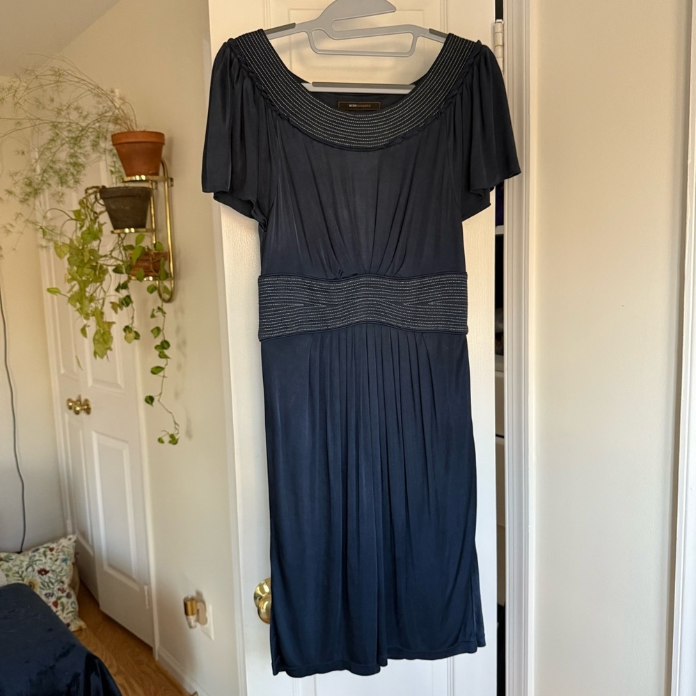 BCBGMaxAzria Midnight Blue Ruched Midi Dress Short Sleeve V-Neck Y2K Size 6